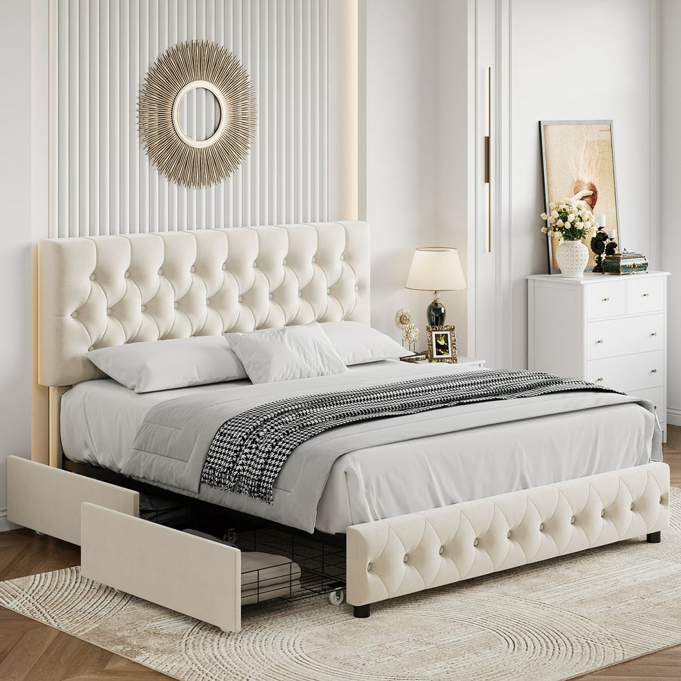 Velvet Platform Bed Frame With Drawers