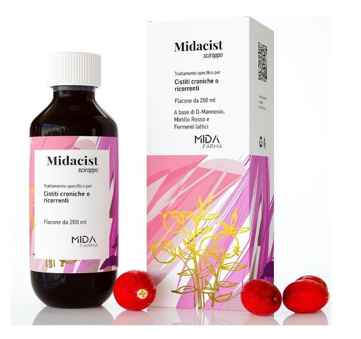 Midacist è uno sciroppo a base di D-mannosio, mirtillo rosso e fermenti lattici, utile nel trattamento di cistiti croniche e ricorrenti.