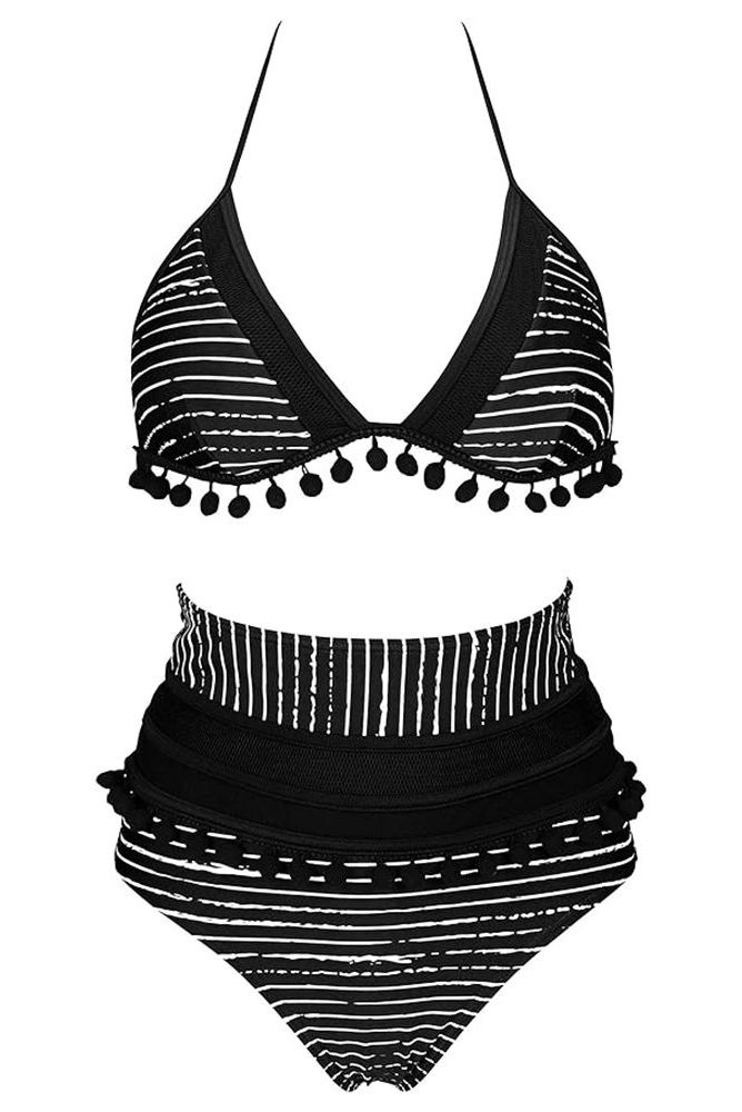 Striped Mesh High-Waist Bikini Set 