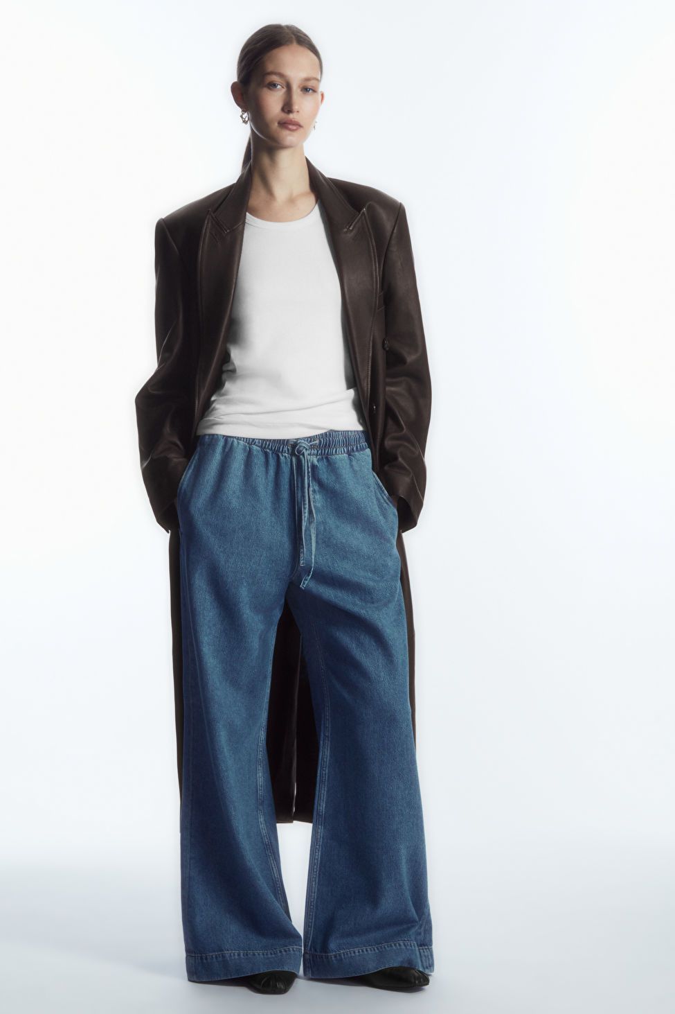 COS Extra Wide Leg Drawstring Denim Trousers in Blue