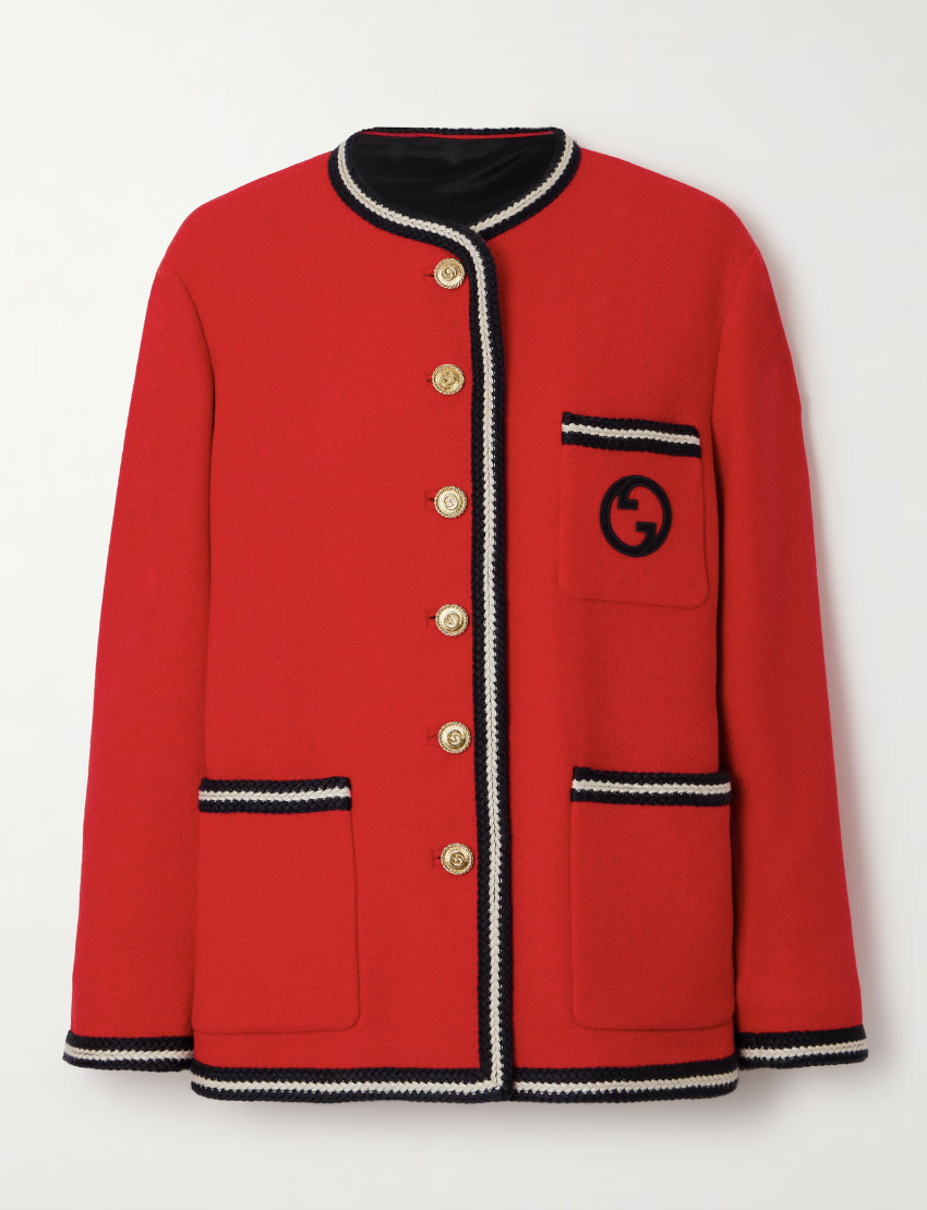 過年紅色穿搭推薦：Gucci撞色羊毛混紡斜紋軟呢外套