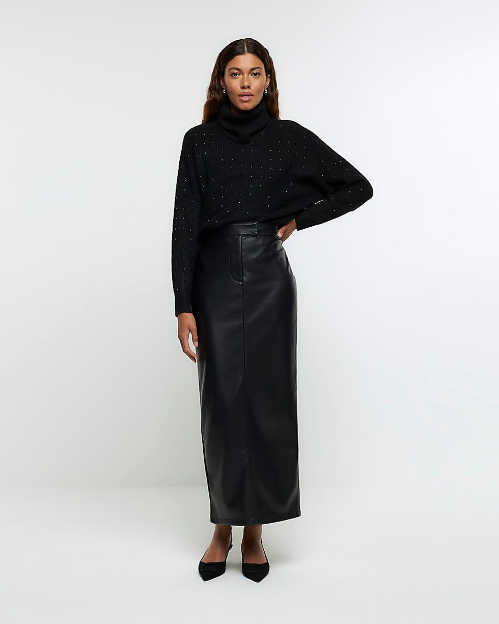 Black Faux Leather Tailored Midi Skirt