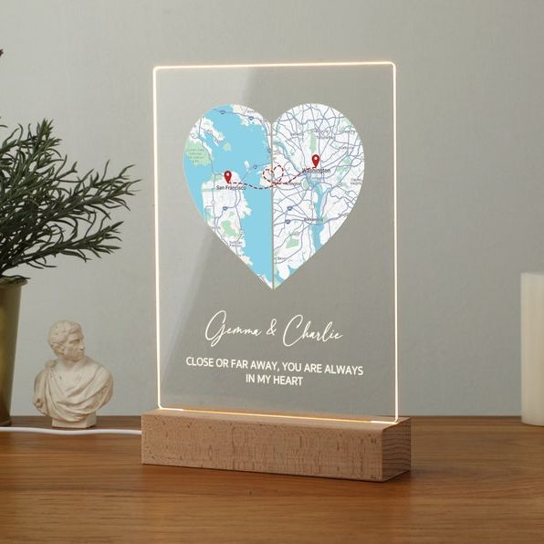 Personalized Heart Map Print Plaque With Light Stand 