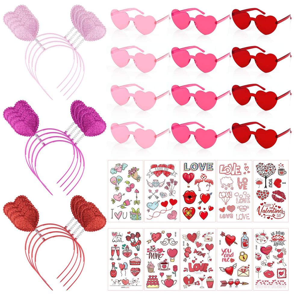 34 Pieces Valentines Heart Headbands, Sunglasses and Temporary Tattoos