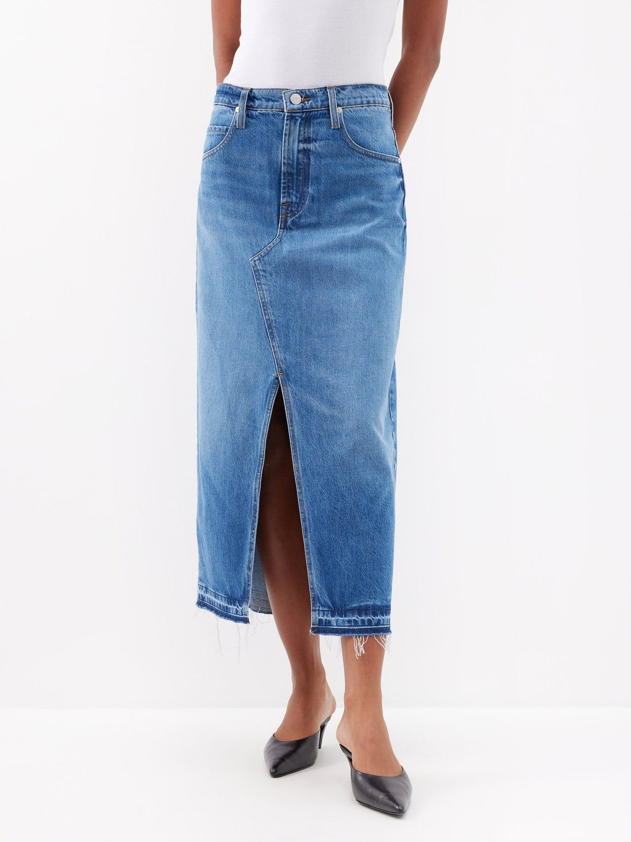 Knee length elastic shop waist denim skirt