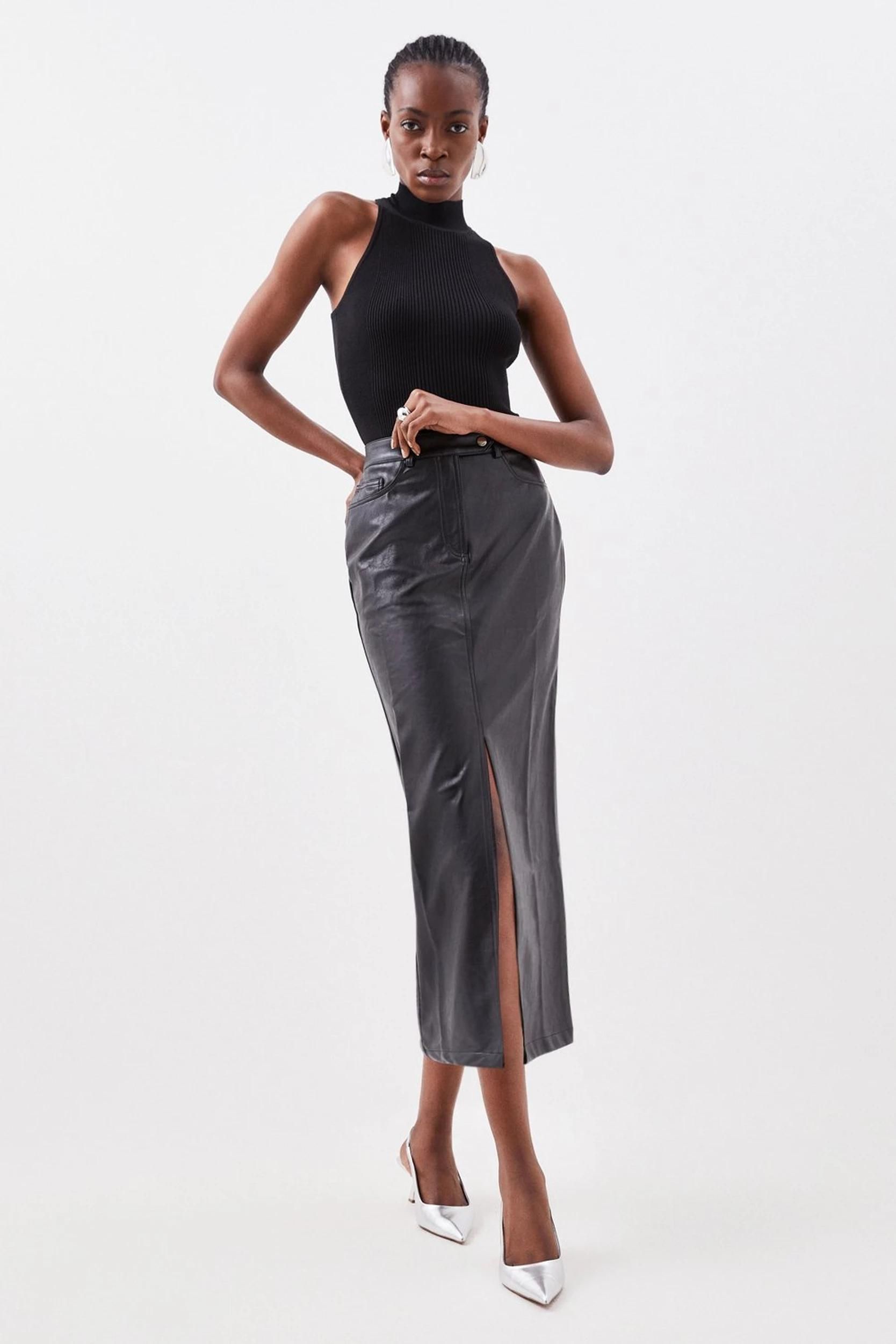 Black leather pencil outlet skirt long