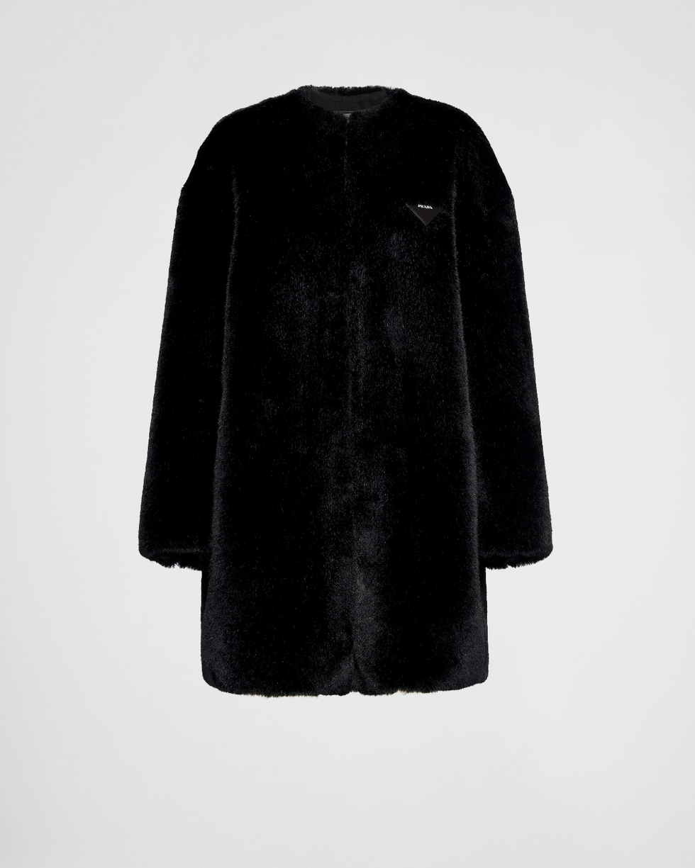 Peneloppe belted faux fur long coat w/ vegan leather sleeve