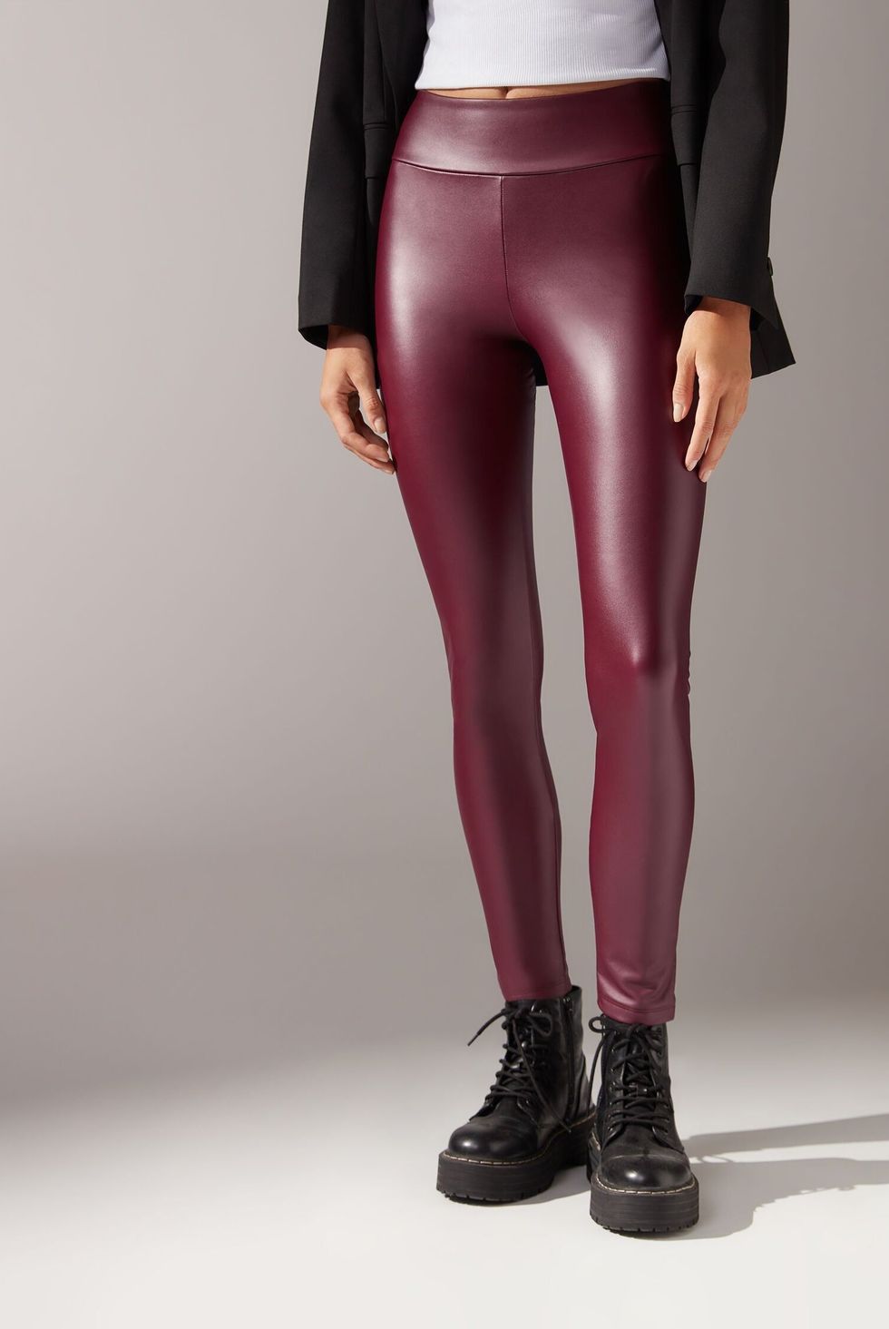 CALZEDONIA women's mid-waist slim leather pants tight and