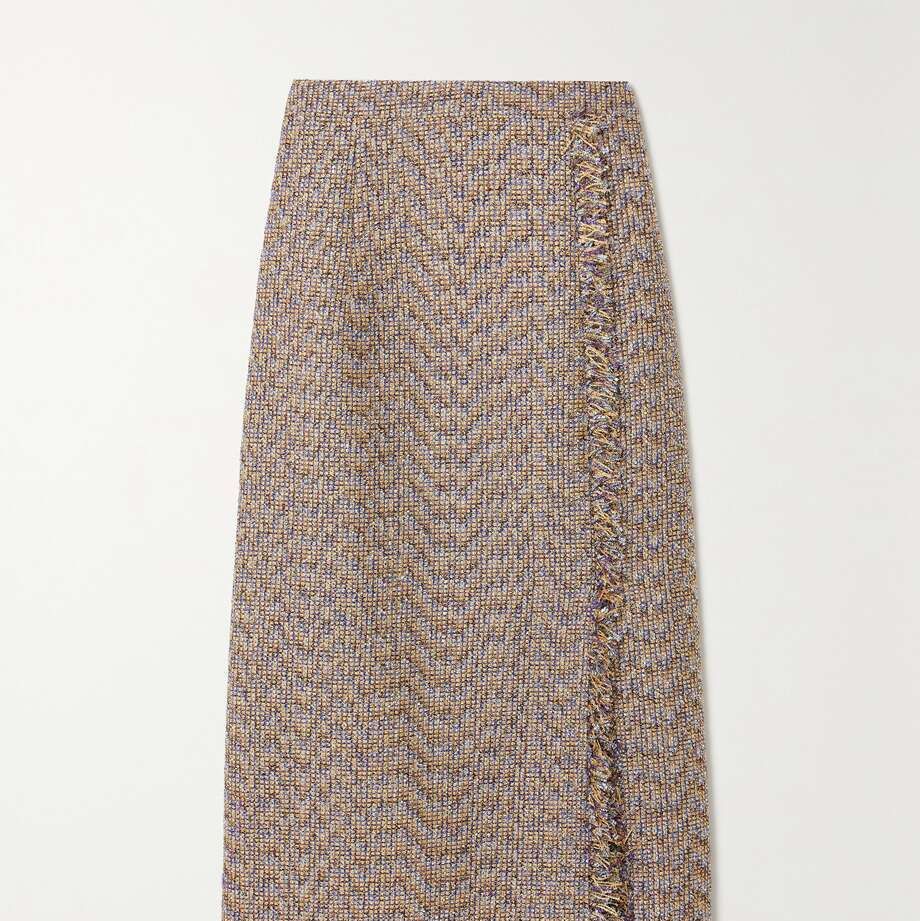 Gia Wrap-Effect Fringed Metallic Tweed Midi Skirt