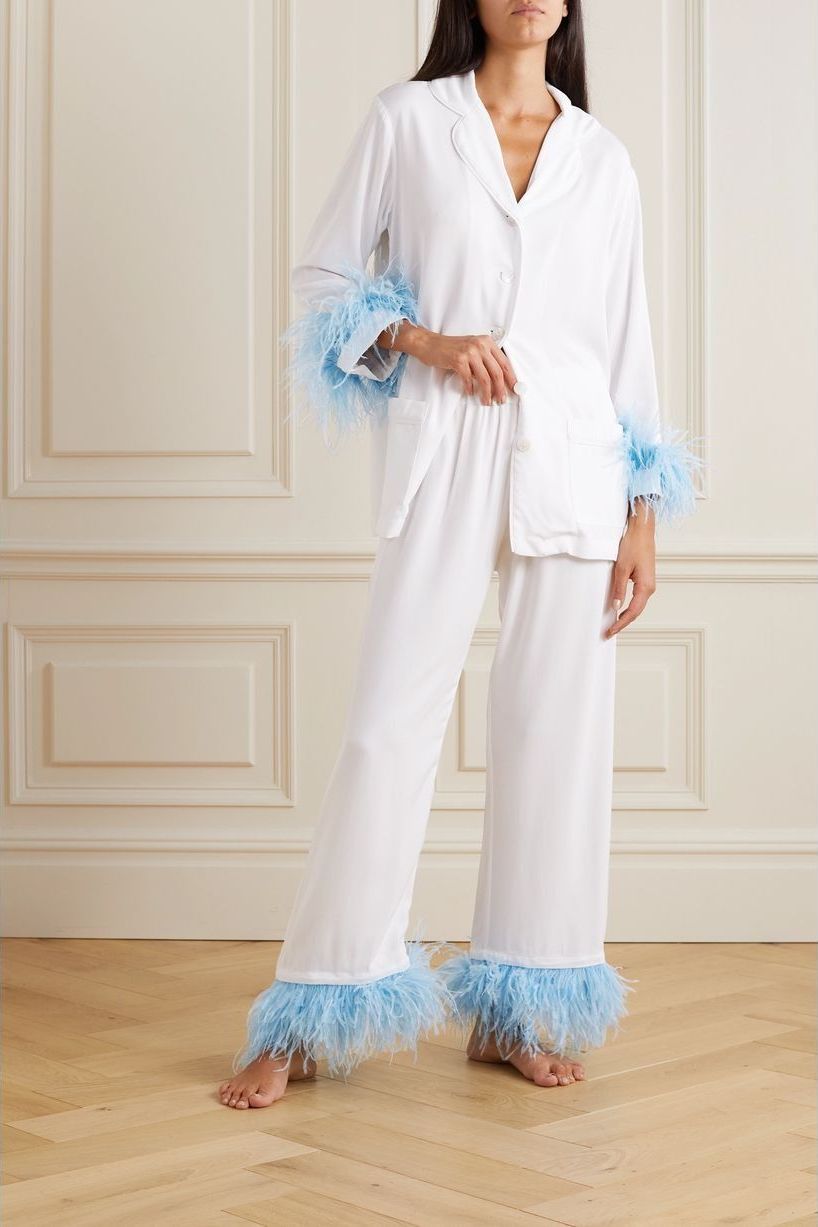 Feather-trimmed Twill Pajama Set
