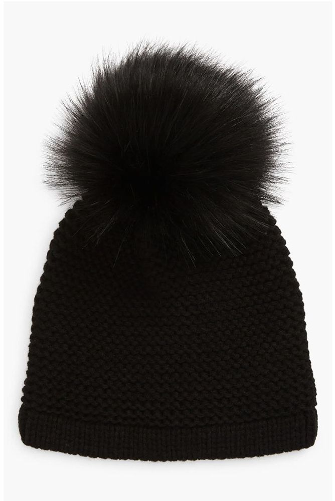 Wool-Blend Beanie with Faux-Fur Pom 