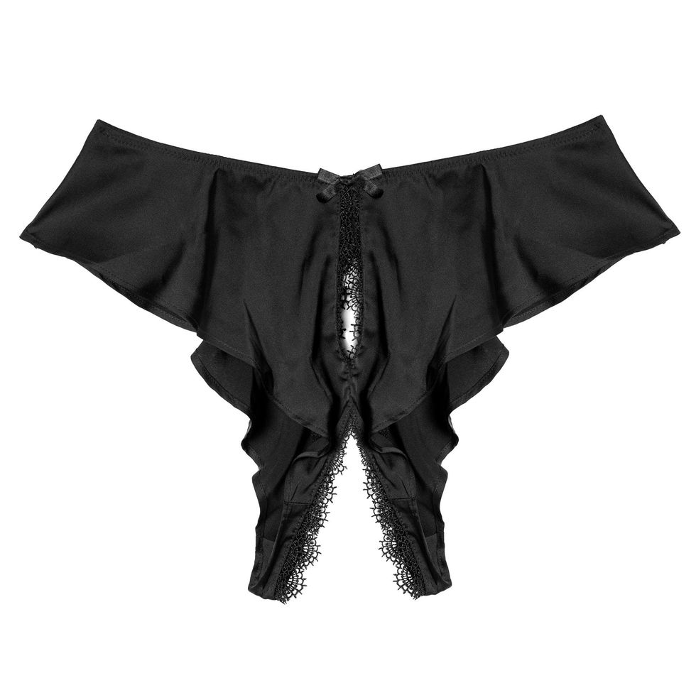 Black Satin And Lace Trim Ouvert Brief