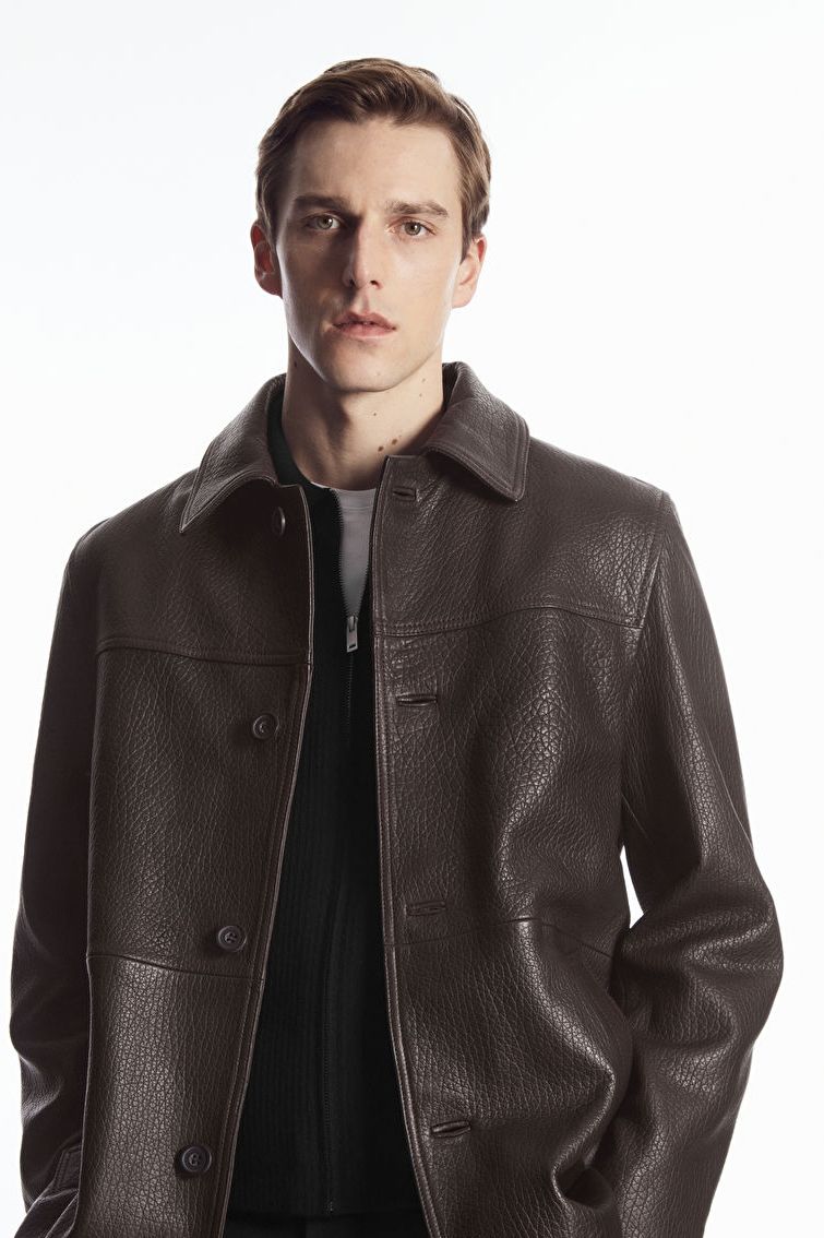 Collared Grained-Leather Jacket