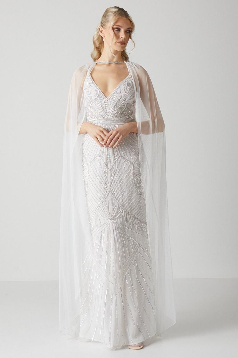 Premium mesh bridal cape with embellished trim