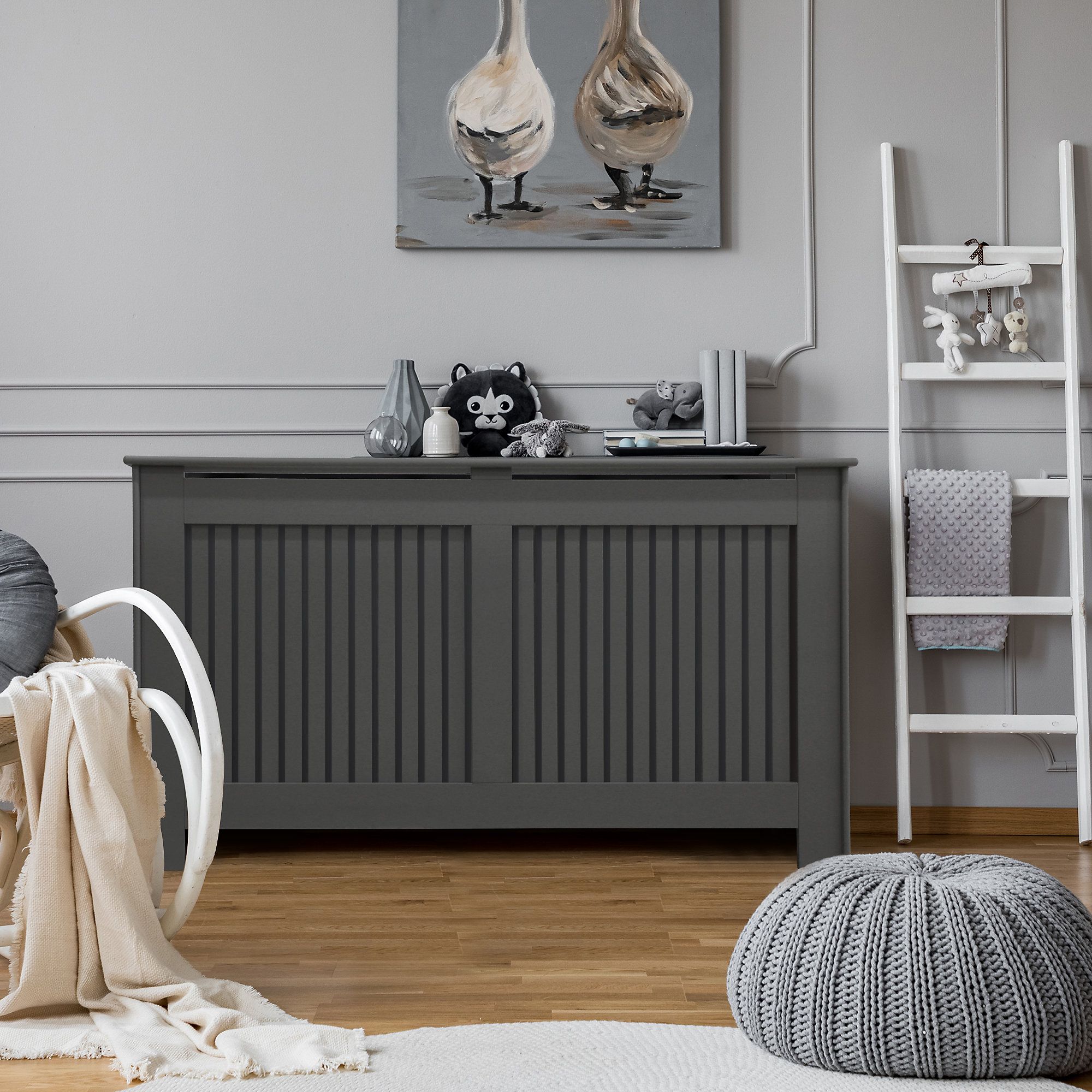 Radiator cover with hot sale shoe storage