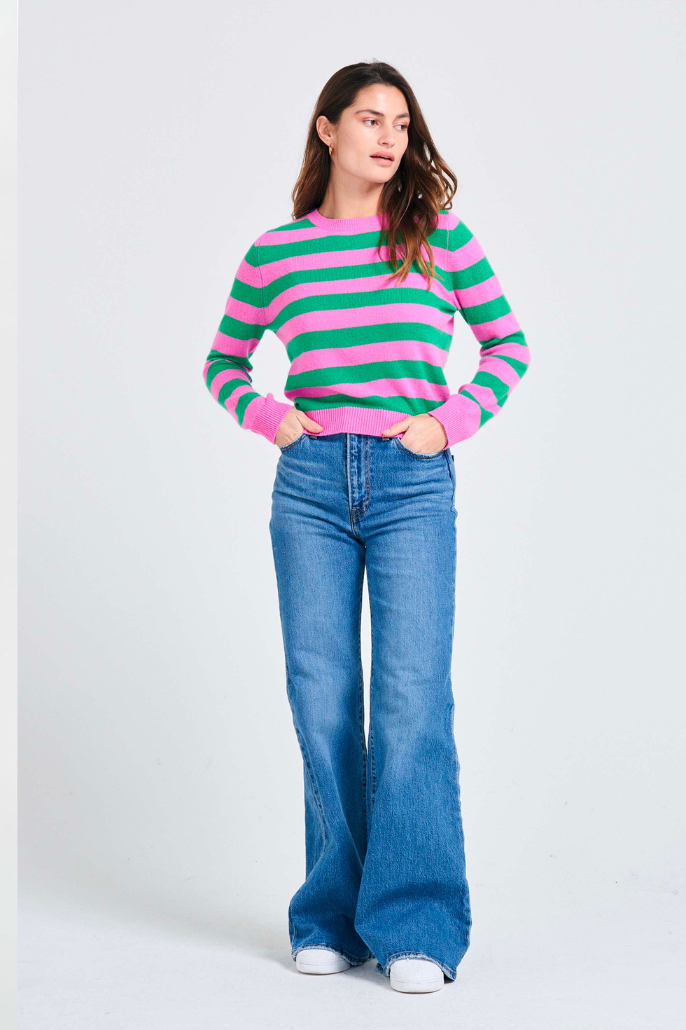 Stripe Cashmere Crew in Peony and Bright Green, £149