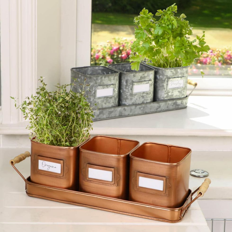 Set of 3 Square Herb Planters with Fitted Tray Recycled Metal Handmade Kitchen Windowsill Worktop Countertop Indoor Flower Pot Planter Set
