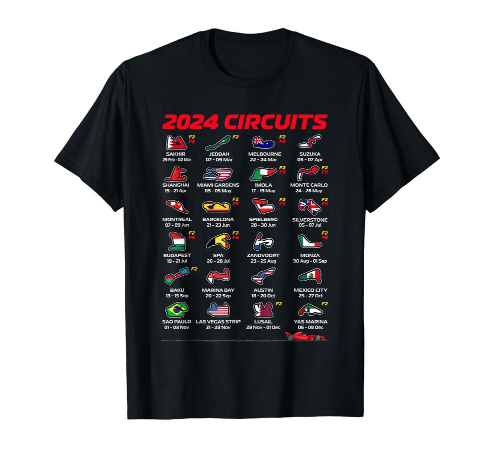 Camiseta Fórmula Racing con los circuitos de 2024.