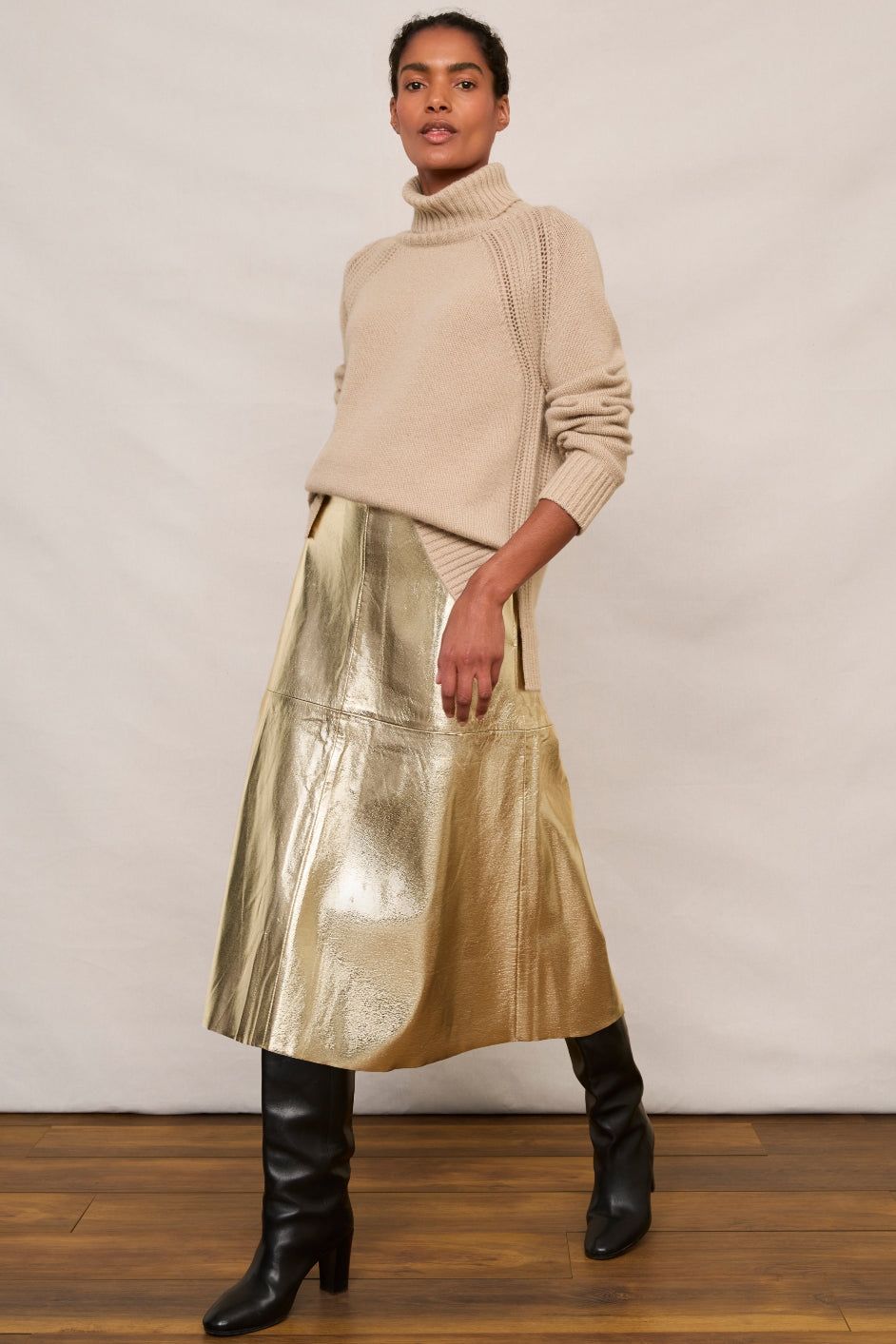 Metallic Faux Leather Midi Skirt