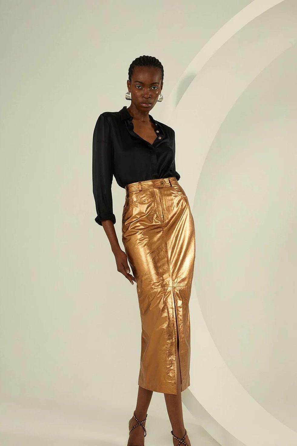 Leather Metallic 5 Pocket Maxi Skirt