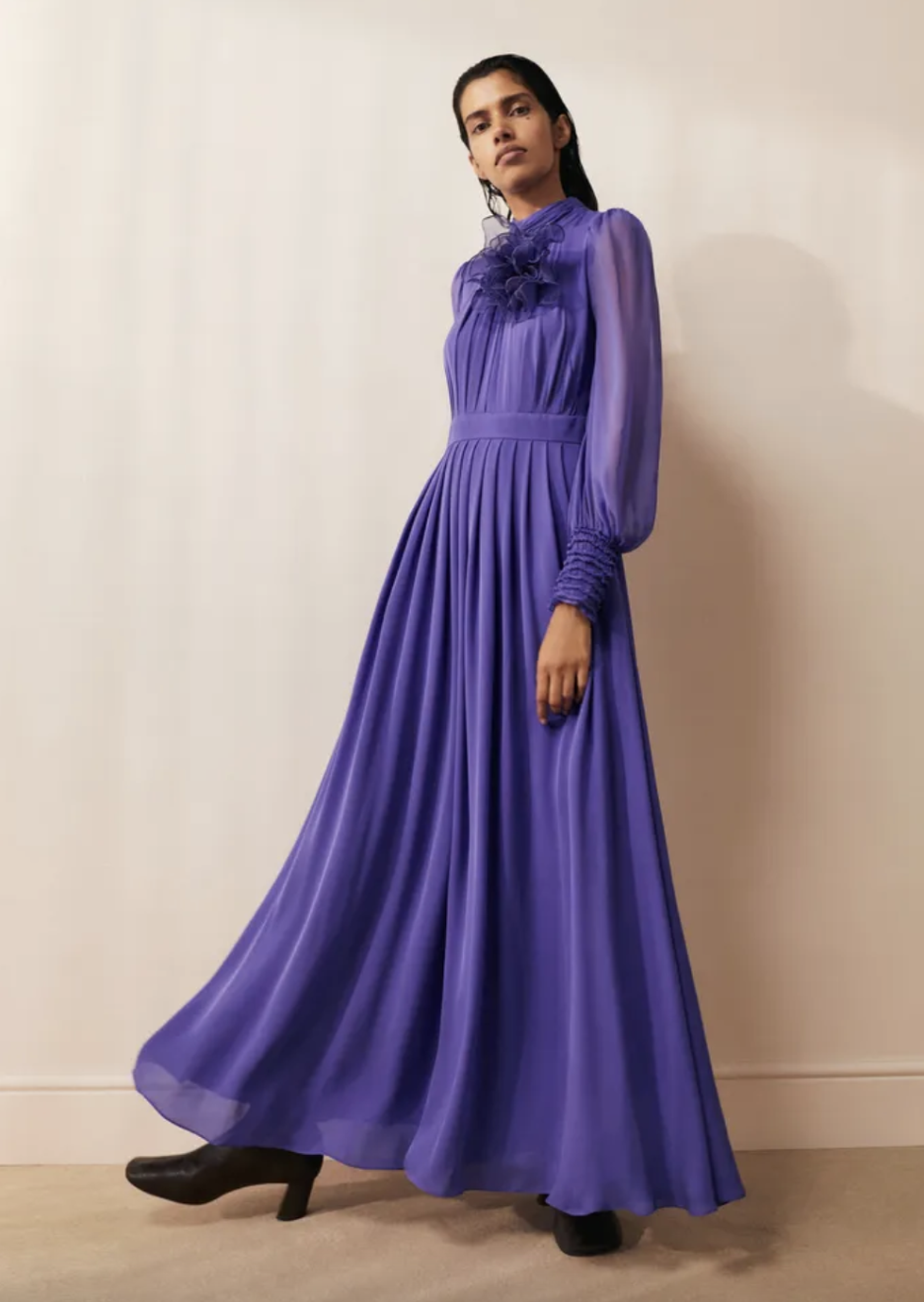 Silk Full-Length Dress With Corsage + Belt