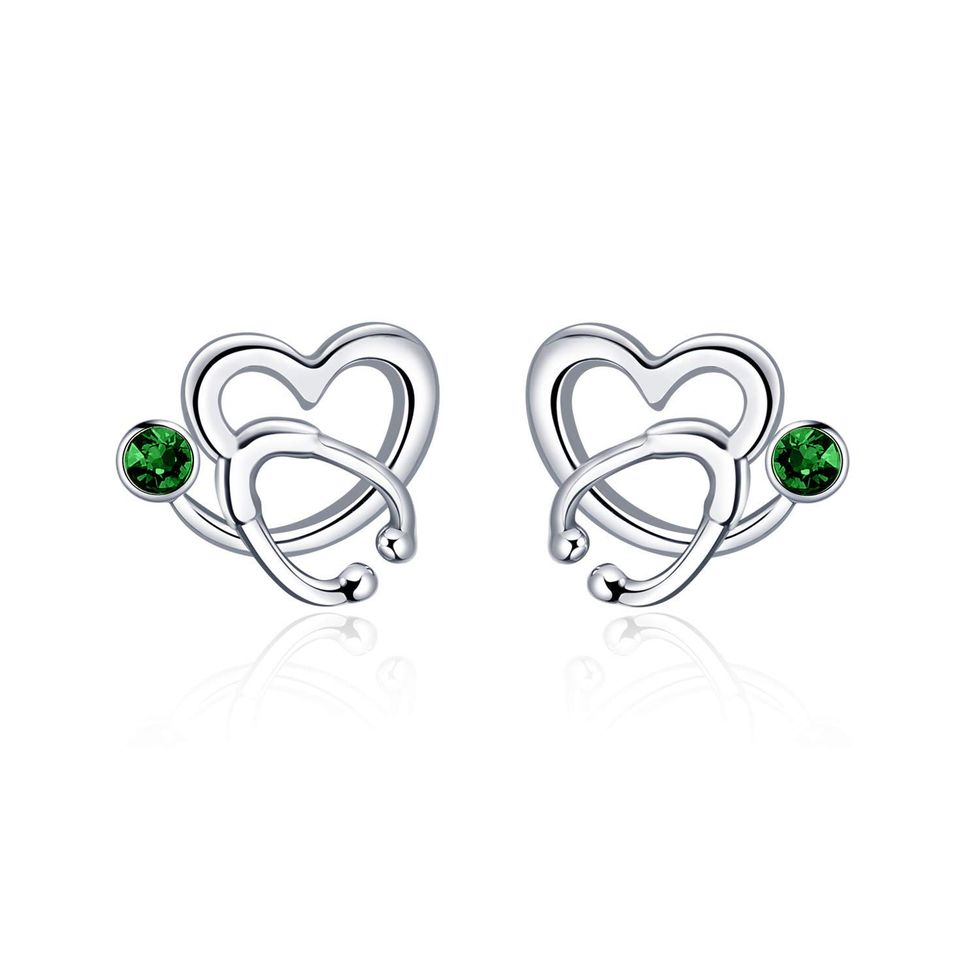 Sterling Silver Stethoscope Stud Earrings With Birthstone 