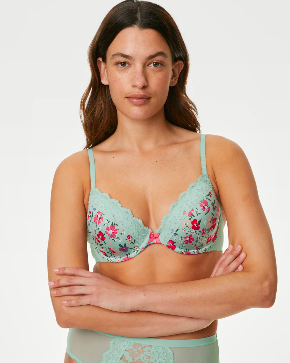 Printed Lace Trim Wired Plunge Bra 
