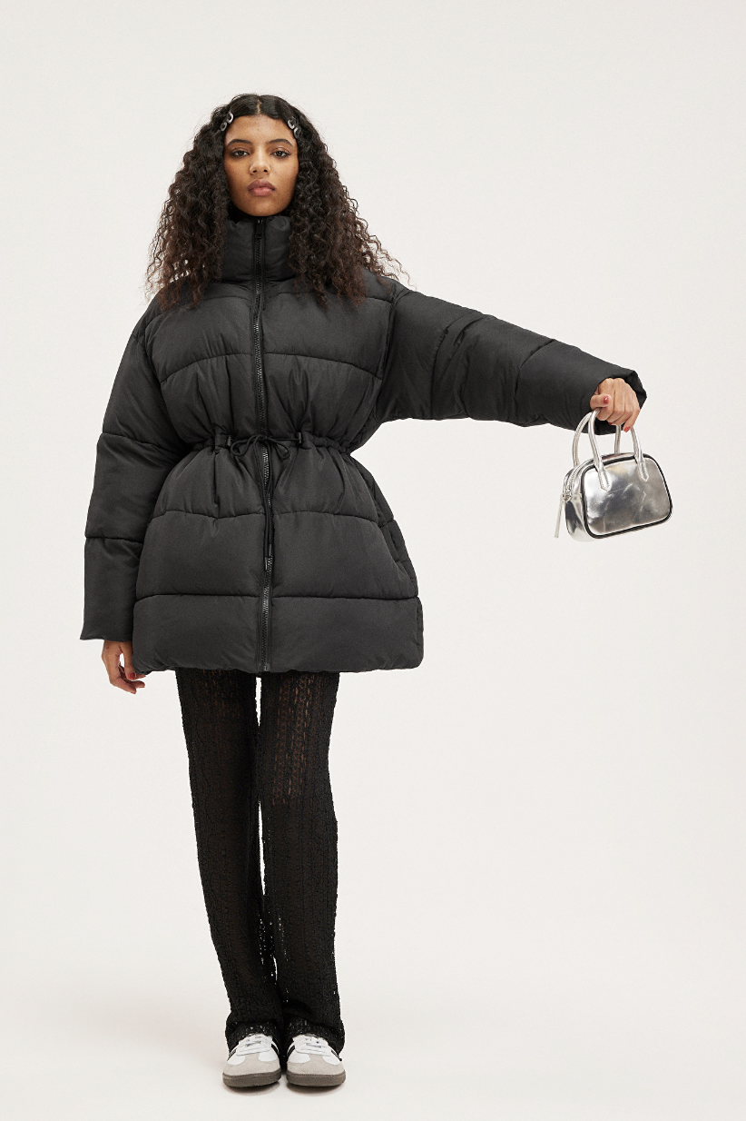 Black puffer coat with high collar