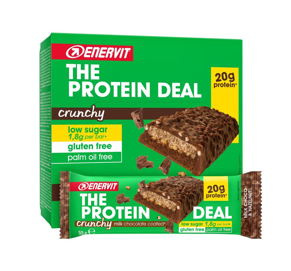 Enervit, The Protein Deal Milk Choco & Hazelnut, 12 Barrette proteiche da 55g, 20 Grammi di Proteine, Gusto Nocciola e Cioccolato al Latte, Snack Senza Glutine, Low Sugar