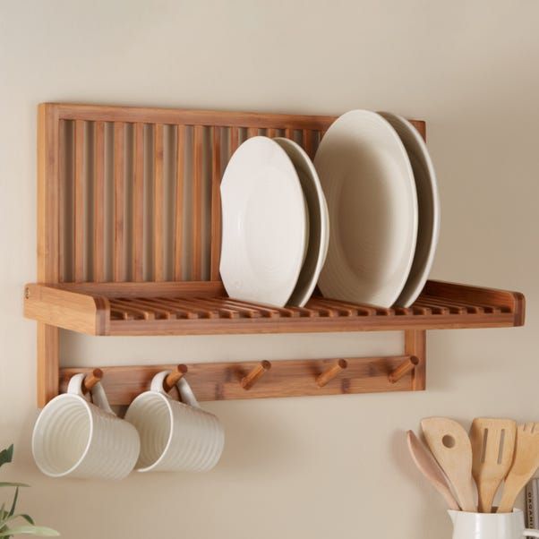 Dunelm Bamboo Wall Mounted Plate Storage with Hooks