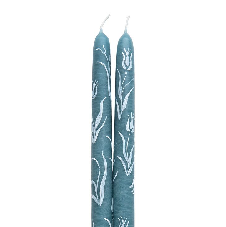 Dusty Blue Tulip Hand-Painted Taper Candles