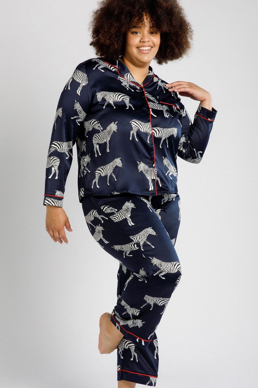 Satin Navy Zebra Print Long Pyjama Set, £55