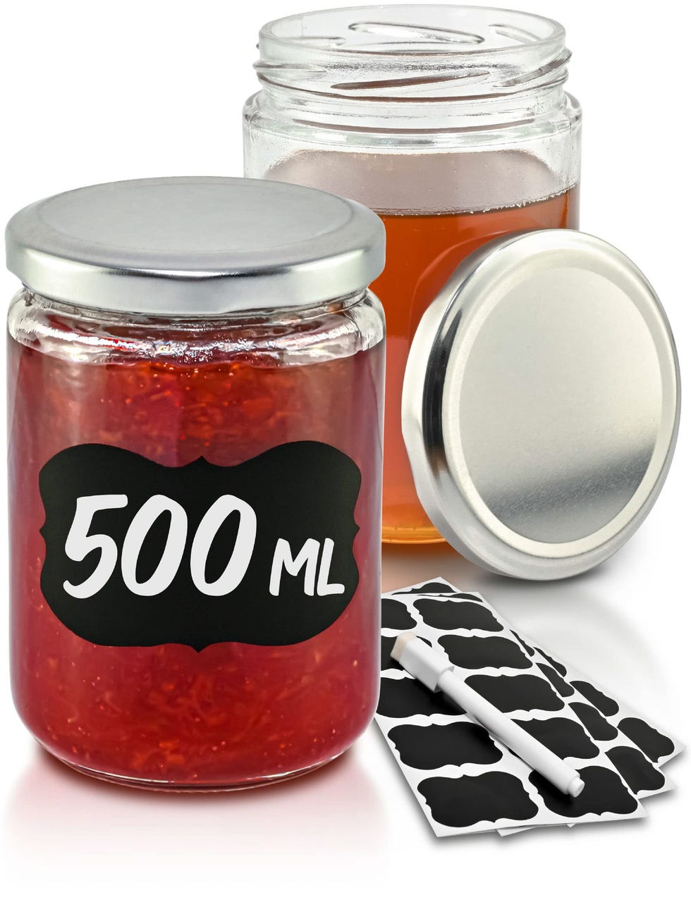 12 botes de cristal con etiquetas 500 ml