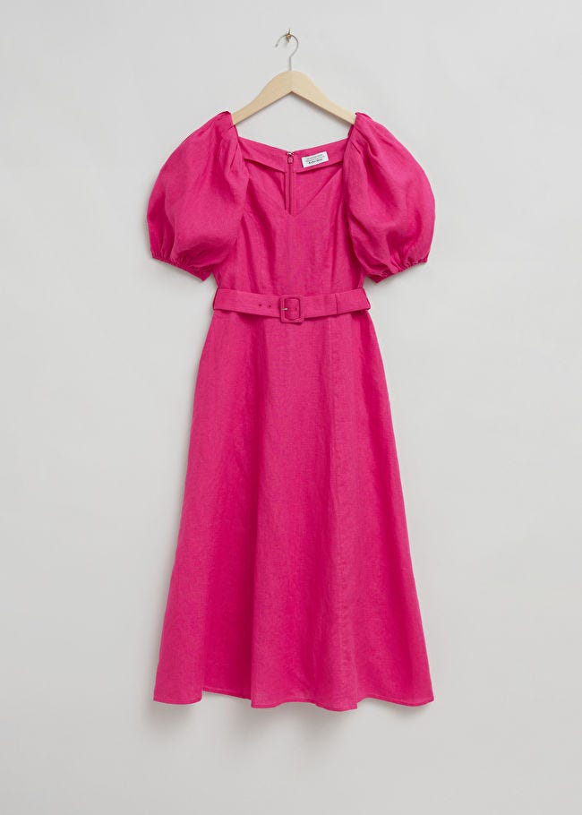 Linen Puff Sleeve Midi Dress