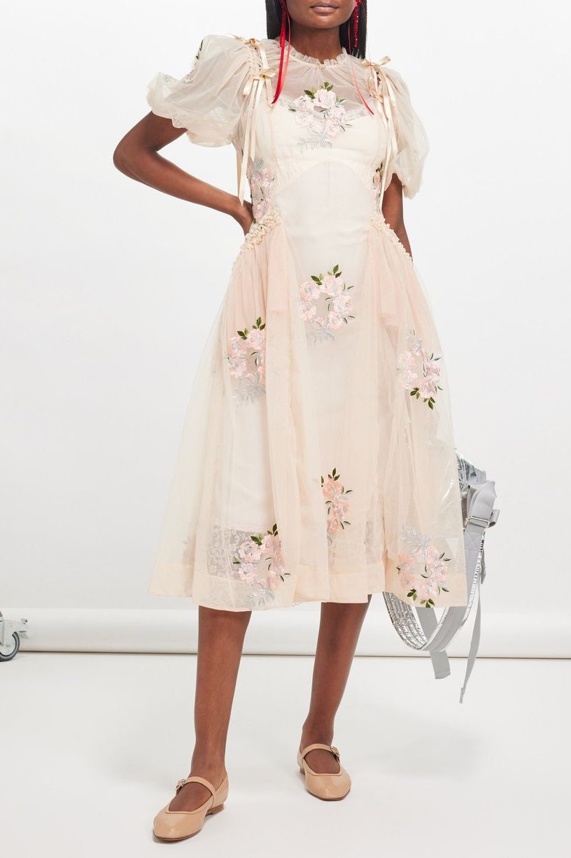 Rose-Embroidered Midi Dress