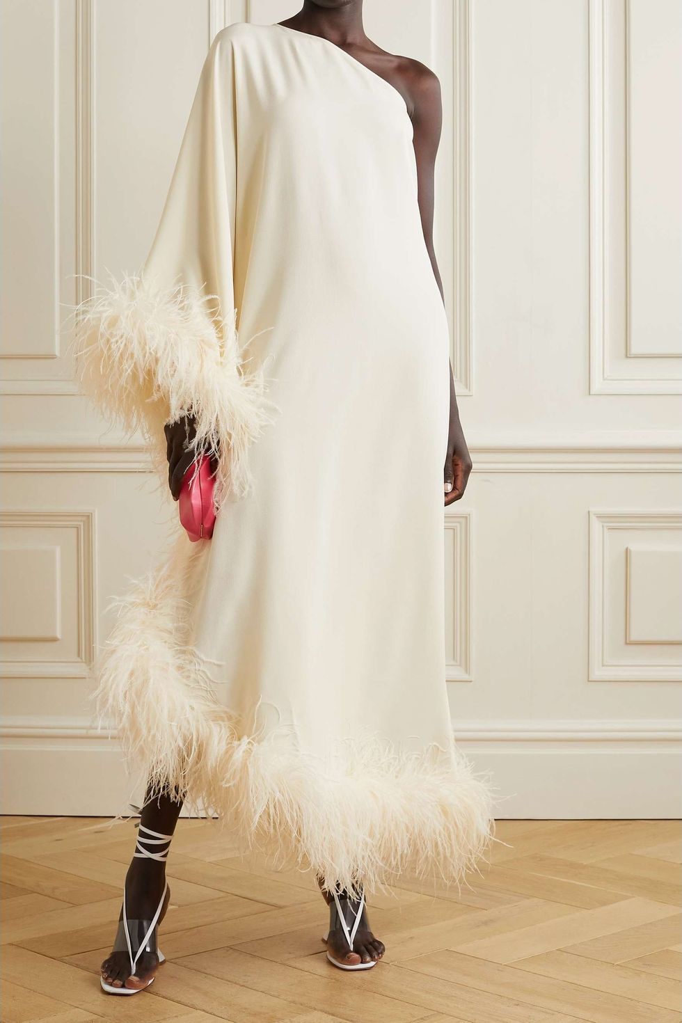 Ubud one-shoulder feather-trimmed crepe maxi dress