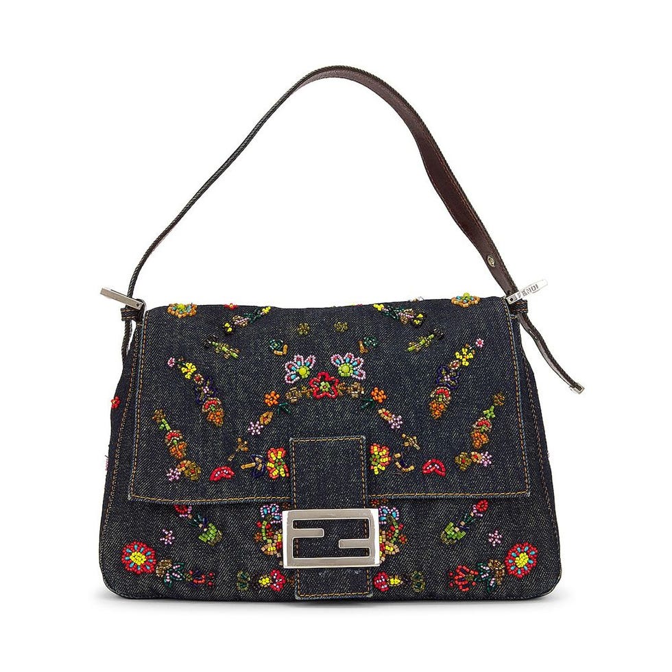 Mama Floral Beaded Denim Shoulder Bag 