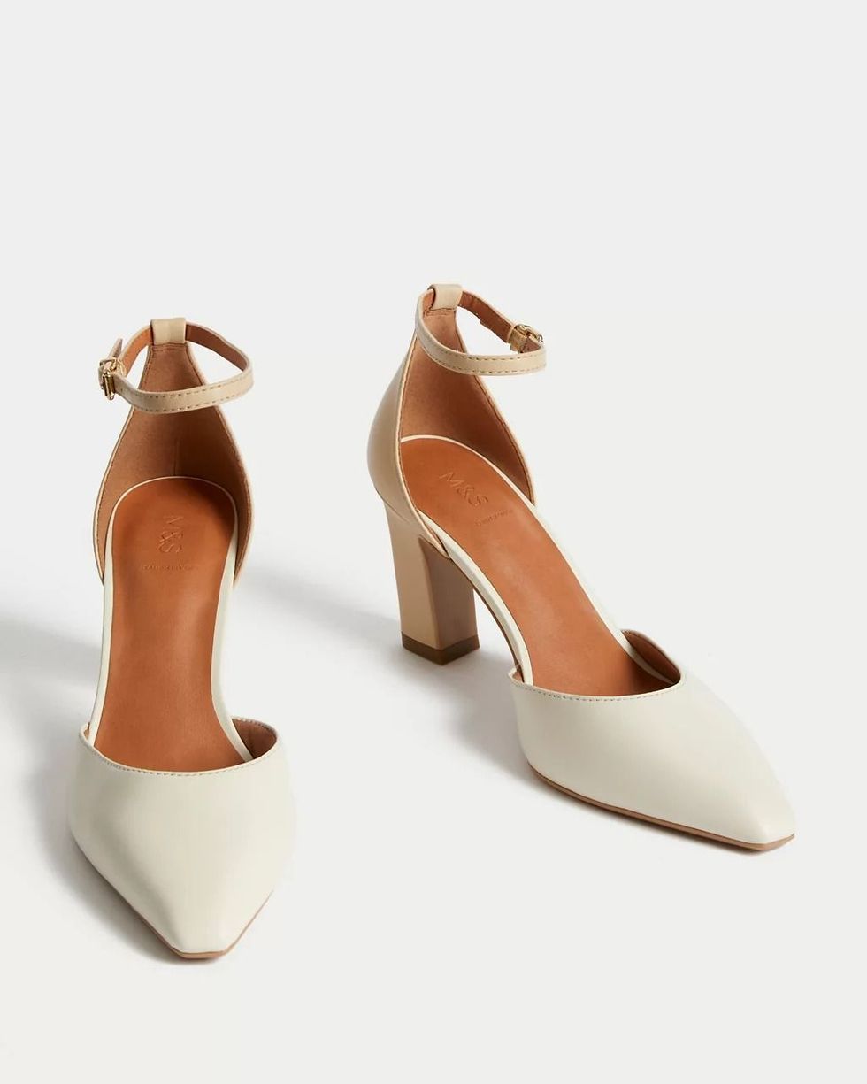 Leather ankle strap pointed court shoes
