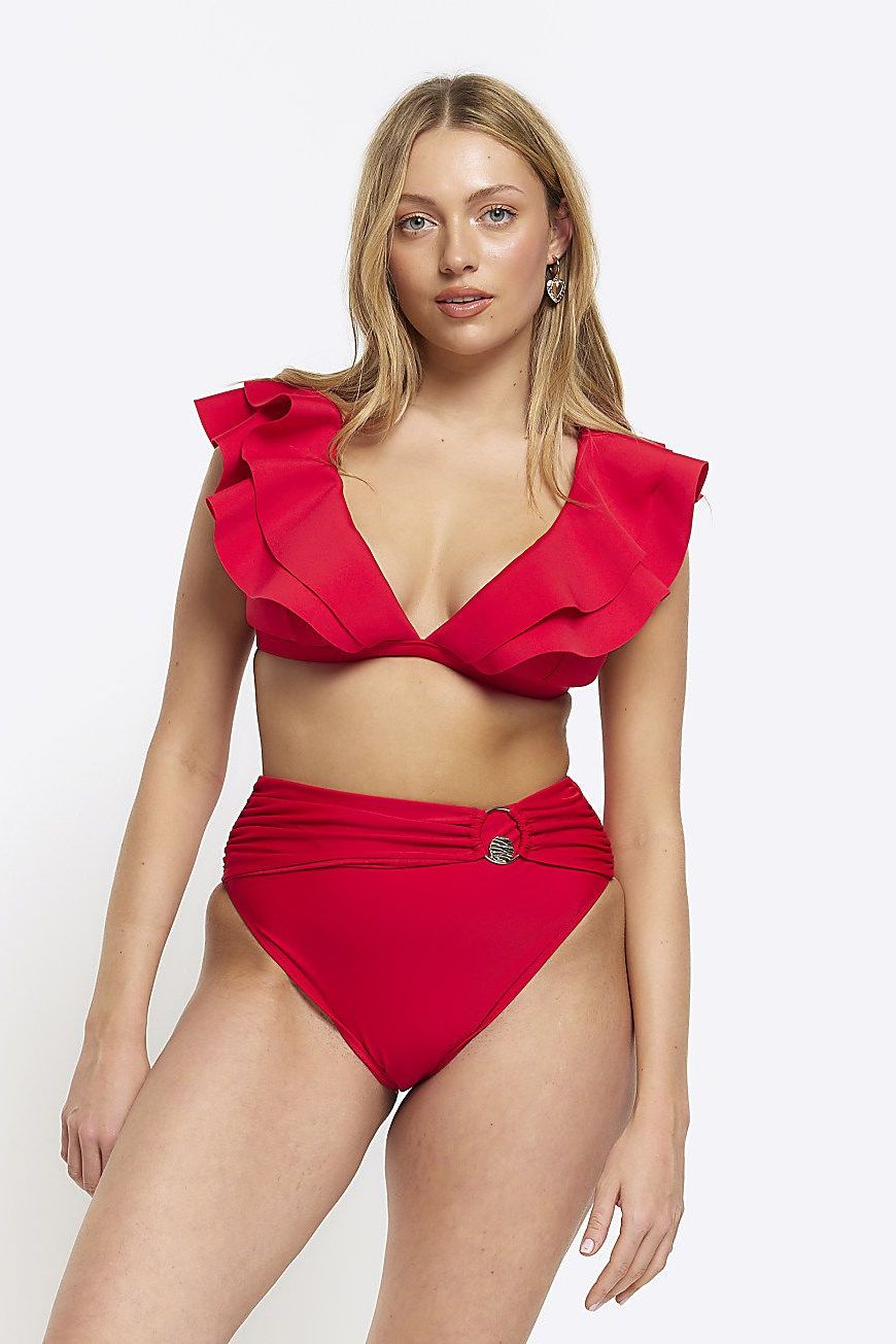 Red frill plunge bikini top