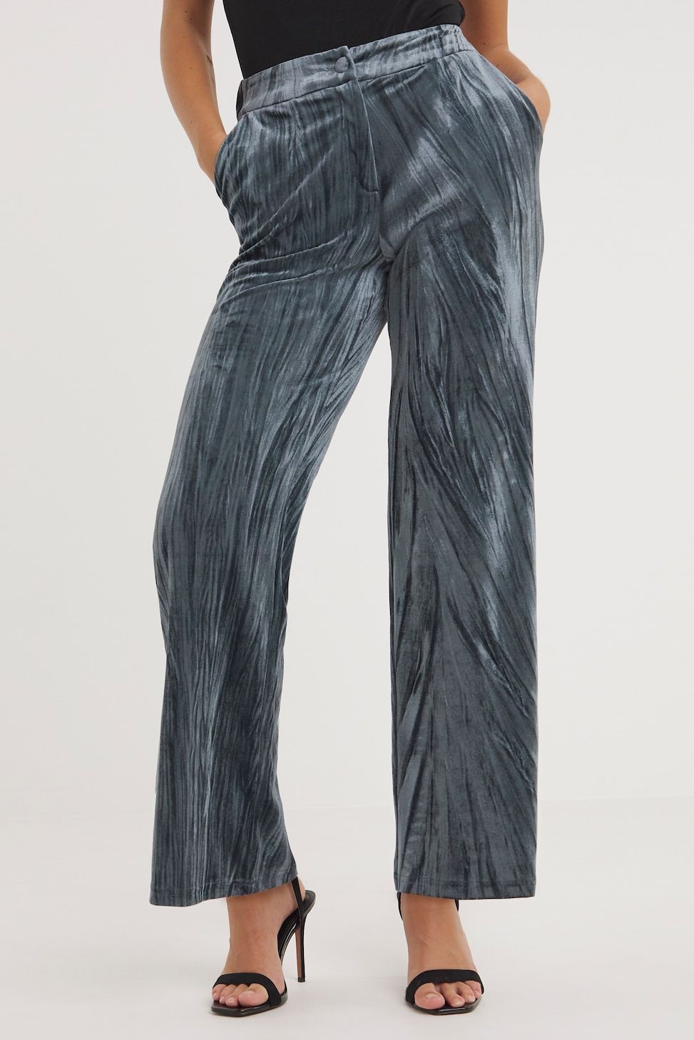 Silver Grey Pleated Velour Wide Leg Trousers