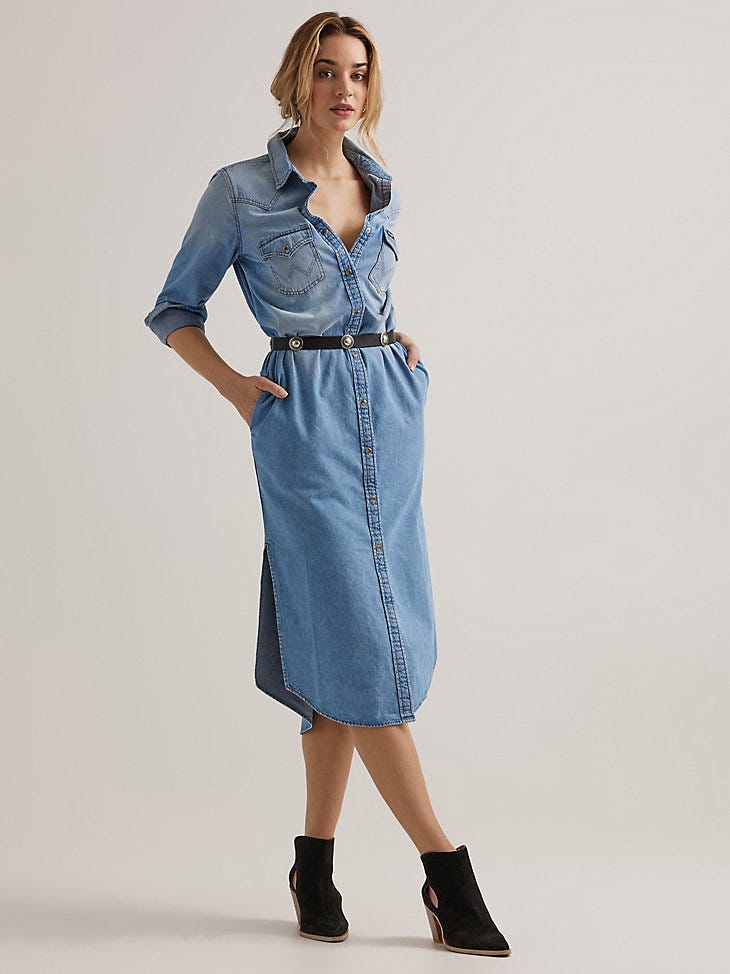 Women's Wrangler Retro® Long Sleeve Denim Midi Dress in Blue