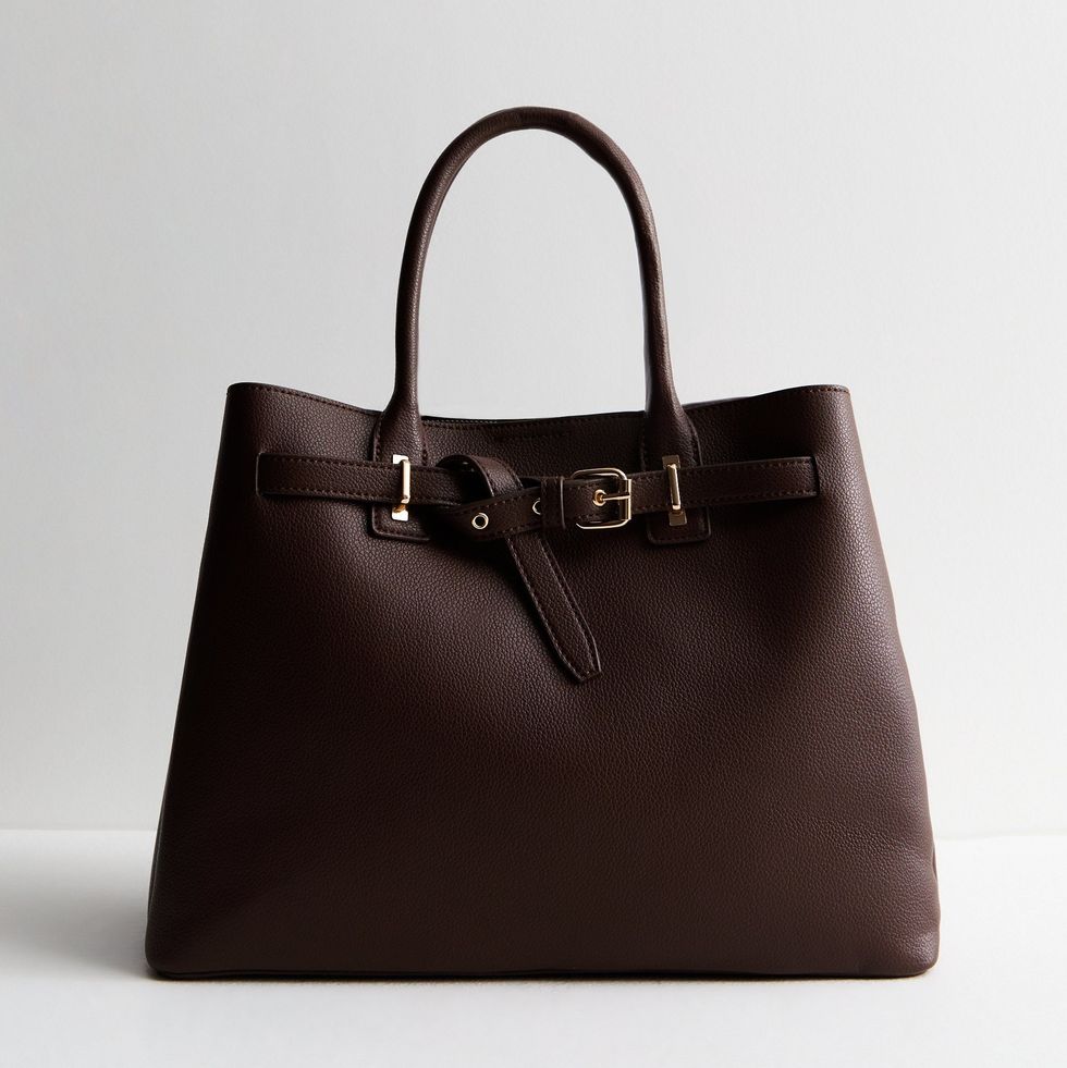 Dark Brown Leather-Look Buckle Tote Bag