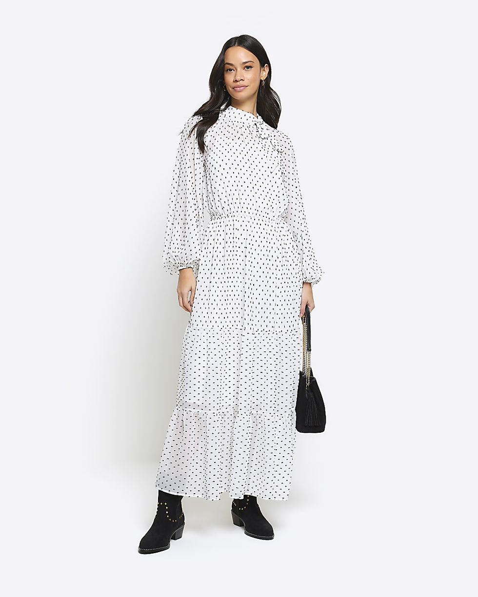 White Spot Bow Swing Midi Dress