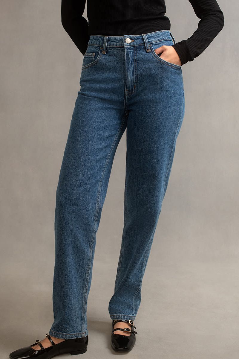 Mid wash blue high rise straight leg denim jeans