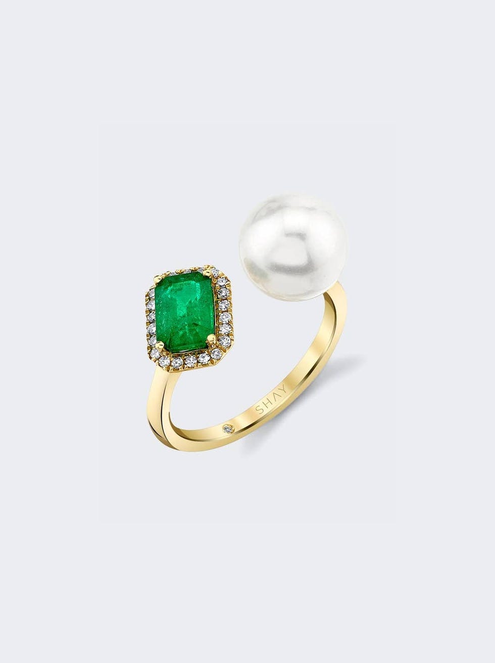 Pearl & Emerald Tilted Halo Twin Ring