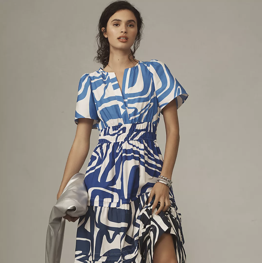 Blue printed Sleeveless Cotton Lace Work Dress