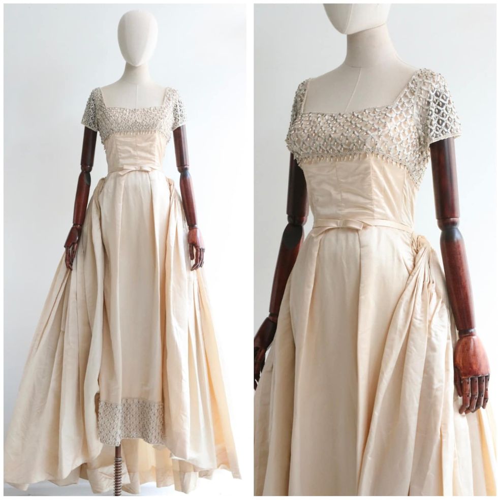 1950's Duchess Satin And Beaded Gown -  UK 4