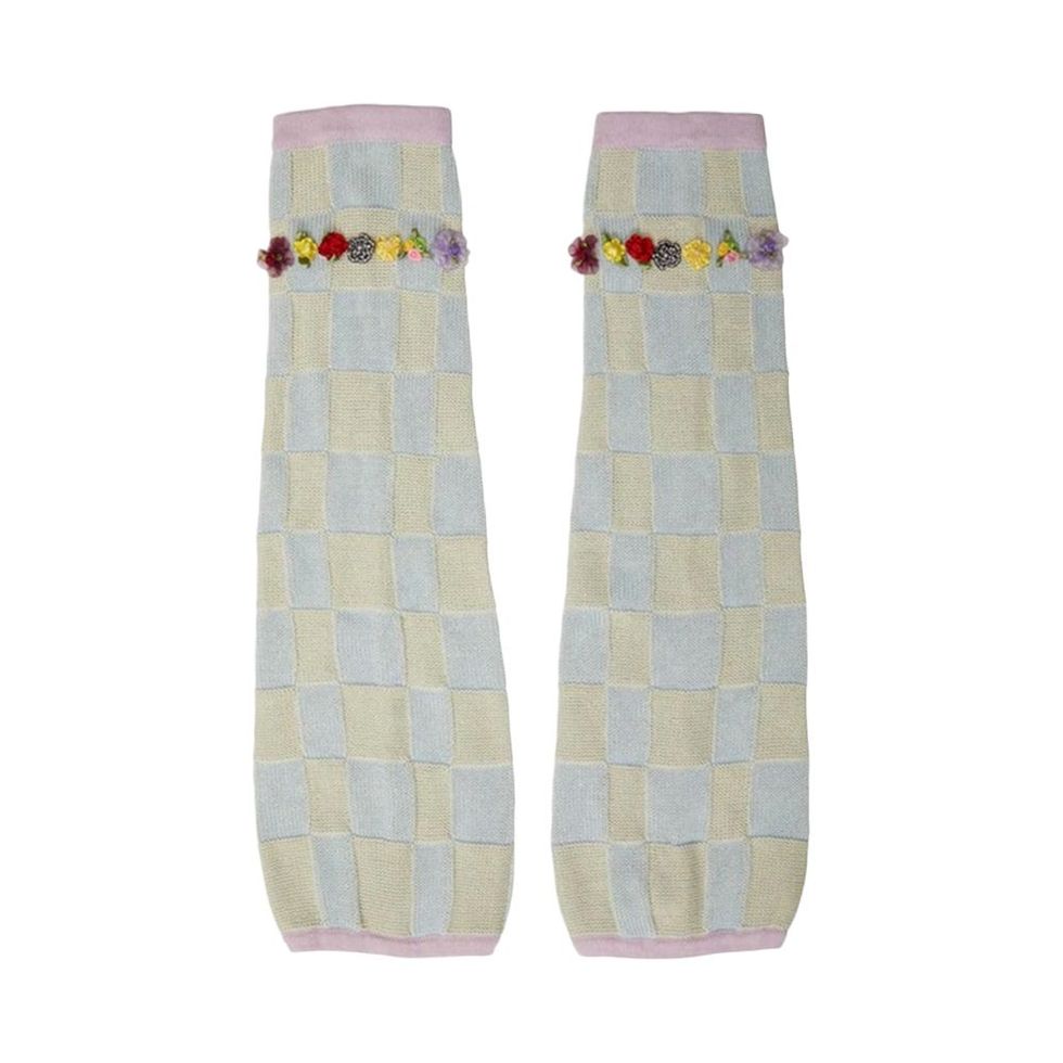 Checkerboard Embroidered Knit Leg Warmers