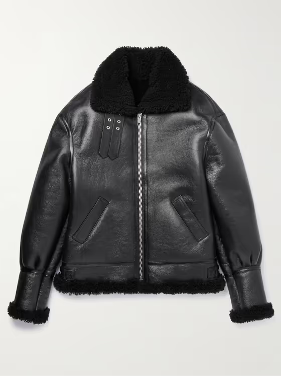 Shearling-Lined Textured-Leather Bomber Jacket