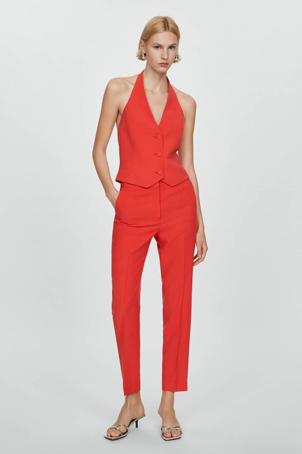Red Bell Bottom Pants Suit Set With Red Blazer, Puffed Sleeve